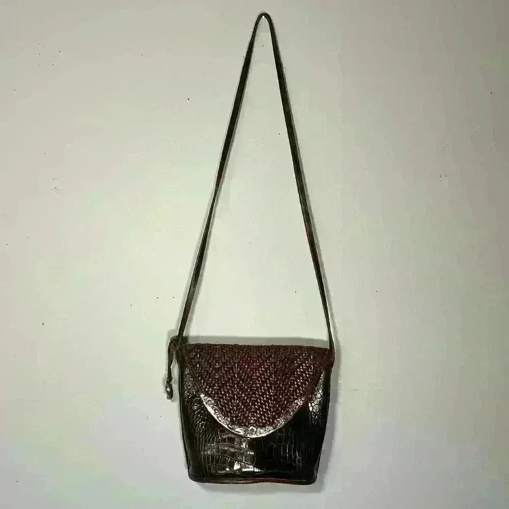 Vintage Brighton Brown Woven & Croc Embossed Leather Envelope Crossbody Bag
